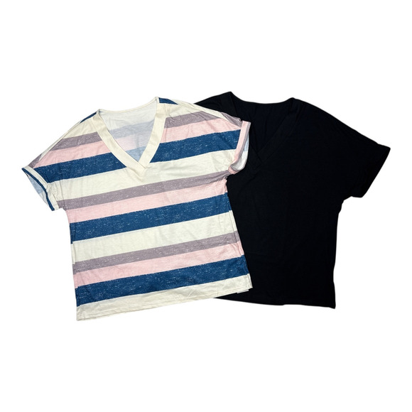 Eymuse 2PCS T Shirts 2XL Short Sleeve V Neck T-shirt Womens Fashion Tops Striped - Picture 2 of 6